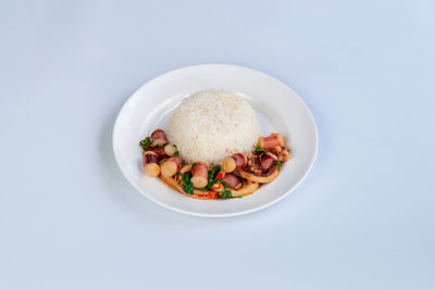 Directly above shot of food in bowl on white background