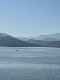 Scenic view of sea and mountains against clear blue sky