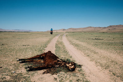 Scenic view of desert against clear blue sky