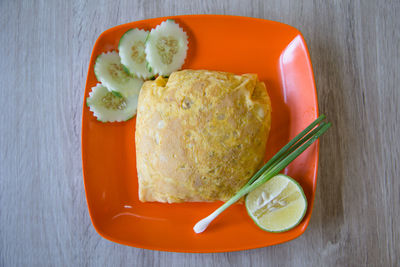 High angle view of breakfast served on table