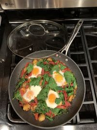 High angle view of breakfast on table