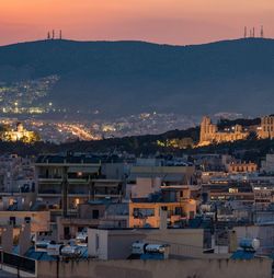 High angle view of townscape against sky at sunset