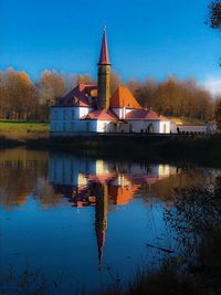 Reflection of building on lake against sky