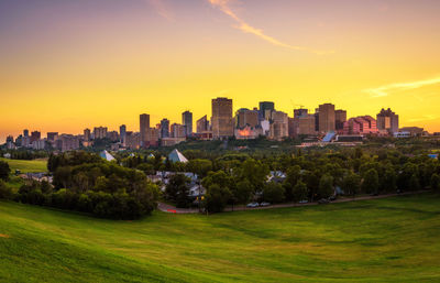 Trees and buildings against sky during sunset