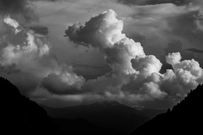 Scenic view of mountains against cloudy sky