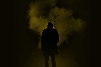 Rear view of silhouette man standing against sky at night