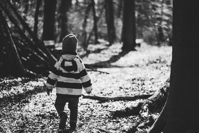 Rear view of boy walking in forest