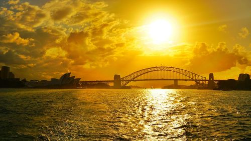 Bridge over river at sunset