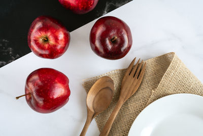 High angle view of apples on table