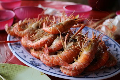 High angle view of seafood in plate on table