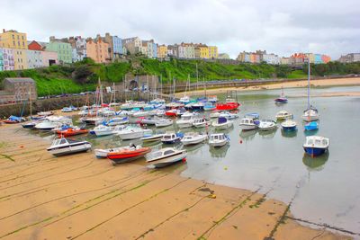 Boats moored in harbor