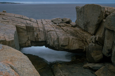 Rock formations by sea against sky