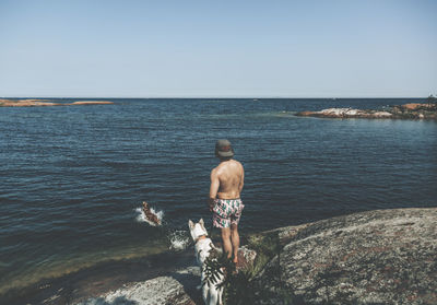 Man with dogs at sea