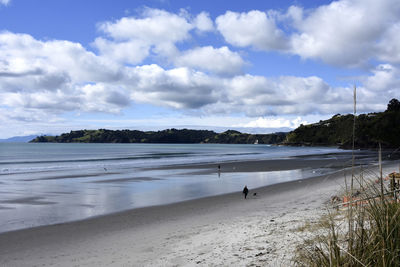 Scenic view of beach against cloudy sky