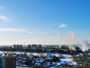 High angle view of townscape against sky during winter