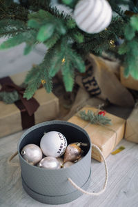 High angle view of christmas decoration on table