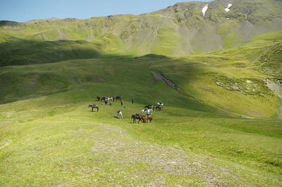 Group of people on landscape against mountain