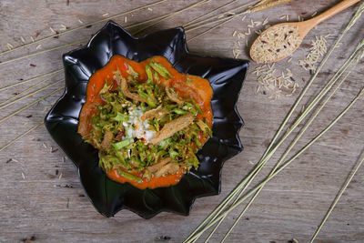 High angle view of food in plate