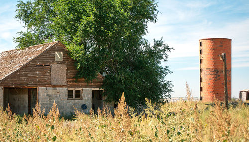 Barn on field by tree against sky