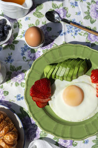 Homemade full healthy breakfast in sunlight with eggs, avocado, strawberries, blueberries, sponge cake, croissants, toast, tea, coffee and orange juice