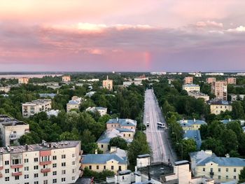 High angle view of townscape against sky at sunset