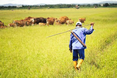 Rear view of man standing on field