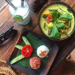 High angle view of salad in bowl on table