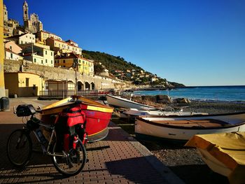 View of boats moored at sea