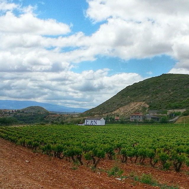 sky, mountain, building exterior, cloud - sky, architecture, built structure, house, cloud, landscape, cloudy, green color, nature, mountain range, agriculture, tranquil scene, rural scene, scenics, tranquility, field, beauty in nature