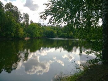 Reflection of trees in lake against sky