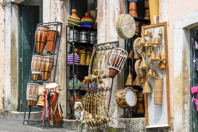 Commerce of typical products and musical instruments on the streets of pelourinho in salvador, bahia