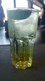 Close-up of beer in glass on table