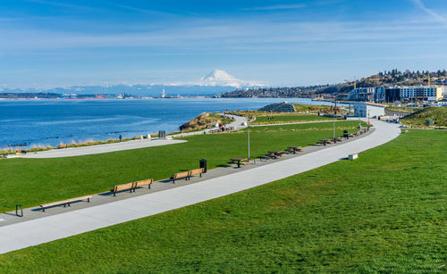 Scenic view of sea by city against sky