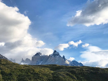 Scenic view of mountains against cloudy sky