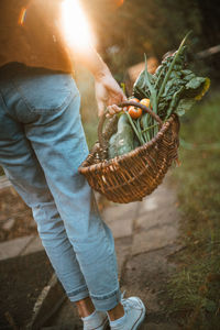 Midsection of man holding basket in field