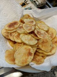High angle view of bread in plate on table