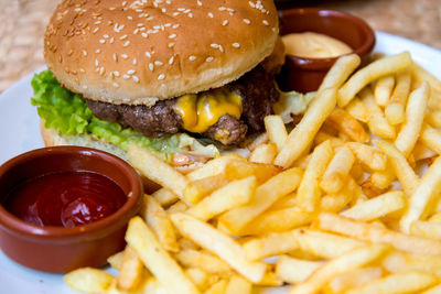 Close-up of burger and fries