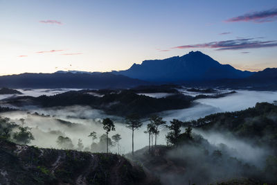 Scenic view of mountains against sky during sunset