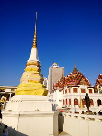 Low angle view of temple against clear blue sky