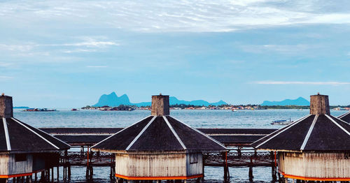 The view of dragon inn floating resort with the backgound of sulu sea in semporna, sabah, malaysia.