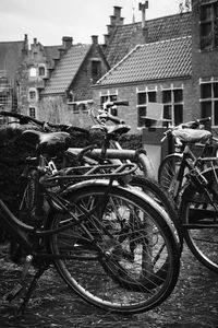 Bicycles parked on street by buildings