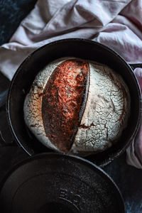 High angle view of bread in cooking pan