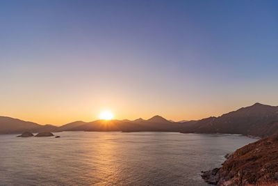 Scenic view of sea against clear sky during sunset