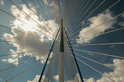 Low angle view of suspension bridge against sky