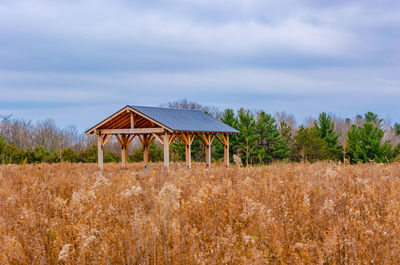 Built structure on field against sky