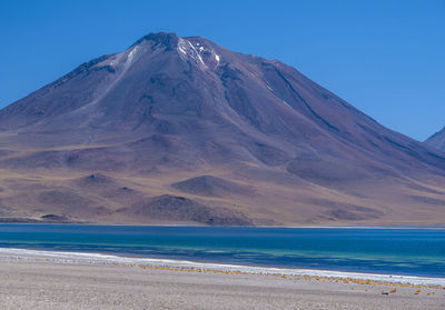 Scenic view of sea and mountains against clear blue sky