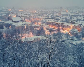 High angle view of townscape against sky during winter