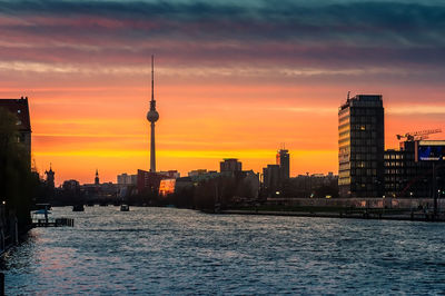 City at waterfront during sunset