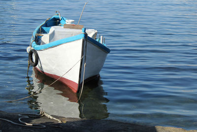 High angle view of boat moored in sea