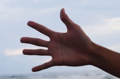 Close-up of human hand against sky